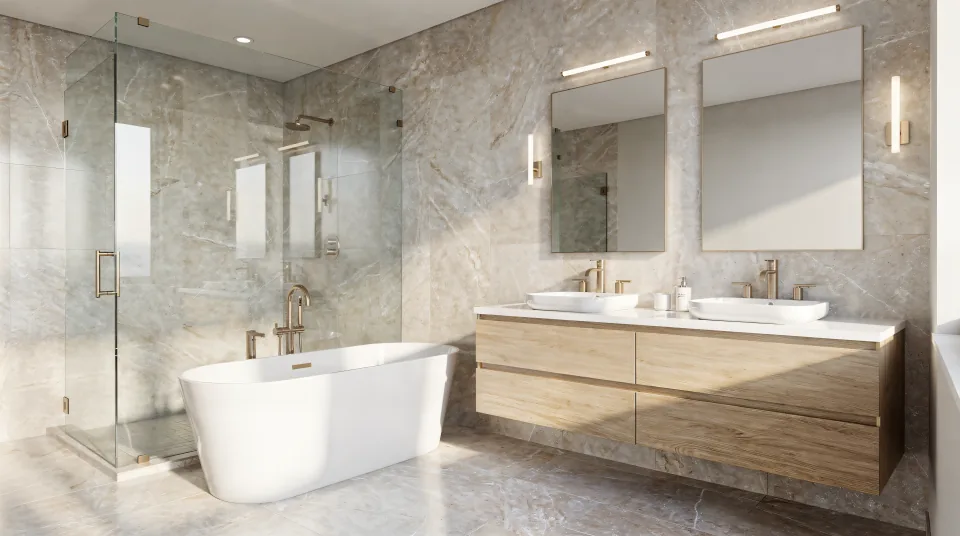 Finished primary bathroom with a freestanding tub beside a frameless glass shower, pale stone-look porcelain, an oak double vanity and brass fixtures (a rendering of the finished look, not a job photo)