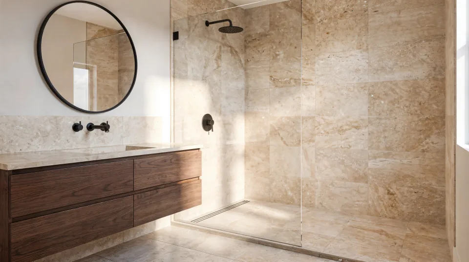 Finished bathroom with a tiled walk-in shower, warm travertine-look porcelain, a floating walnut vanity and a round black mirror (a rendering of the finished look, not a job photo)
