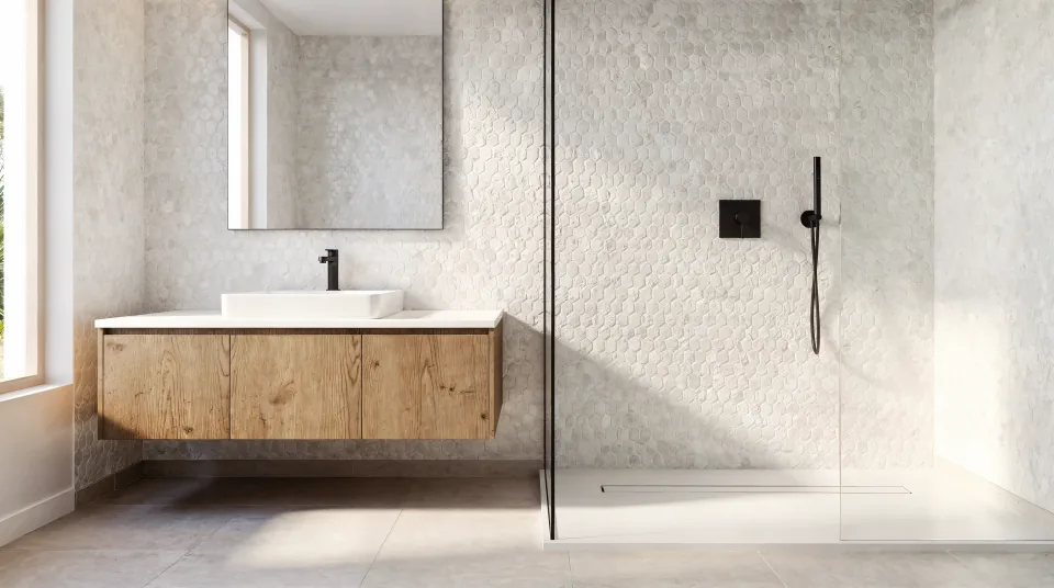 Finished bathroom with a curbless shower, soft white zellige-look wall tile, a wood vanity with a white quartz top and matte black fixtures (a rendering of the finished look, not a job photo)