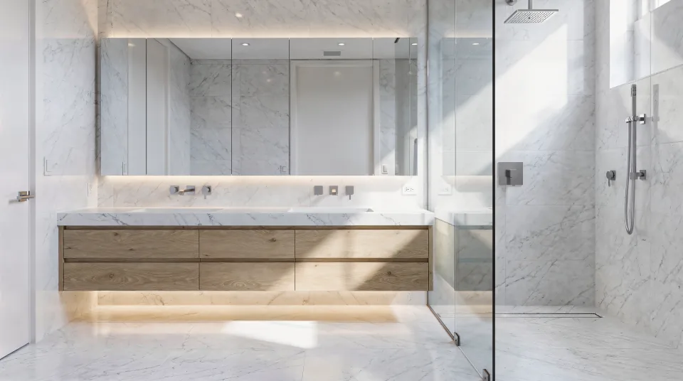 Finished primary bathroom with a double floating oak vanity, white marble-look porcelain, a linear drain and a frameless glass walk-in shower (a rendering of the finished look, not a job photo)
