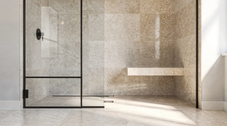 Finished bathroom with a low-threshold tiled shower, a built-in bench, large sand-colored porcelain tile and a black-framed glass panel (a rendering of the finished look, not a job photo)