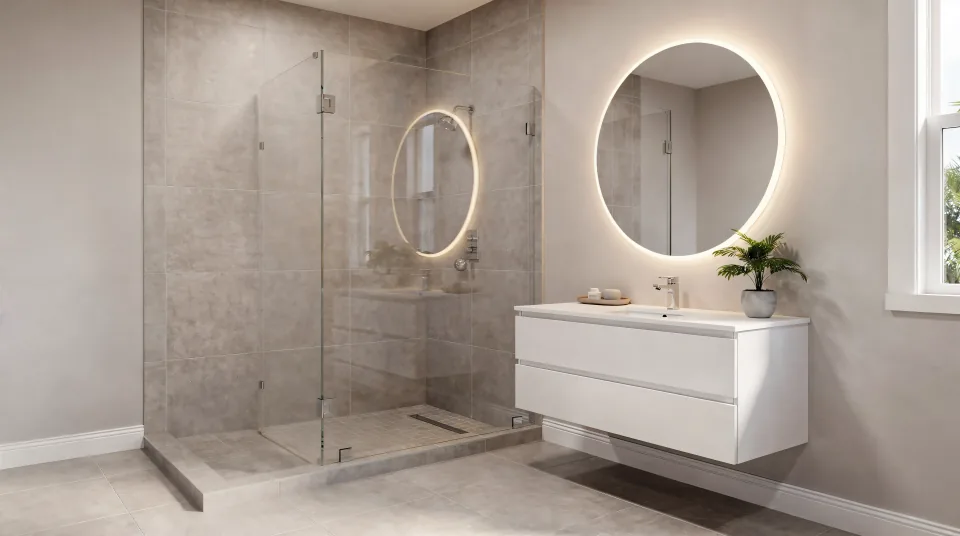 Finished hall bathroom with a tiled walk-in shower behind a frameless glass panel, warm greige large-format porcelain, a white floating vanity and a round backlit mirror (a rendering of the finished look, not a job photo)