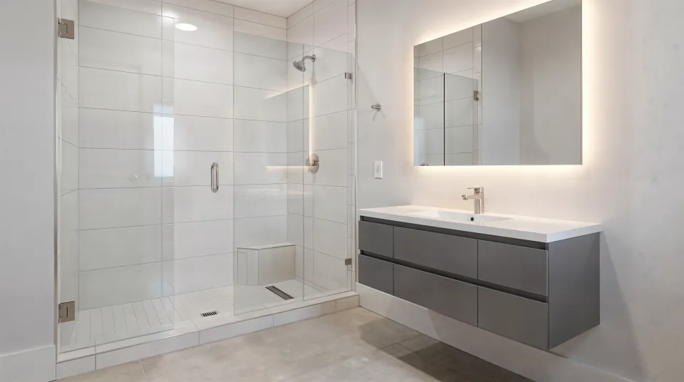 Finished small bathroom with white large-format wall tile, a wall-hung grey vanity, a backlit mirror and a glass shower enclosure (a rendering of the finished look, not a job photo)