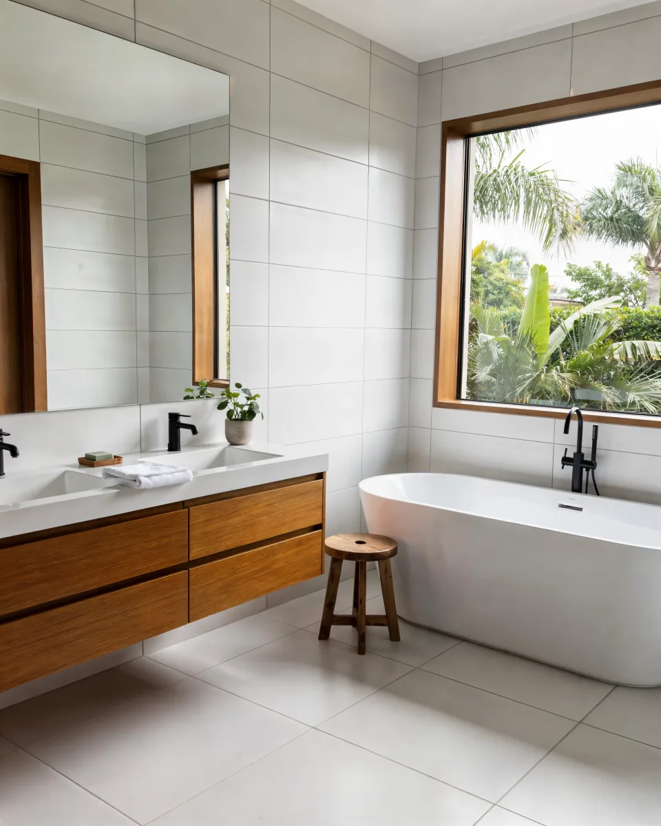 Rendering of a finished primary bathroom with a double floating vanity and a freestanding tub under a window (not a job photo)