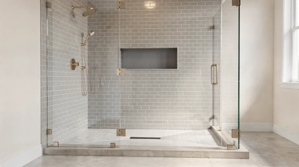 Finished guest bathroom with a tub-to-shower conversion, pale grey subway tile, a built-in niche, brushed nickel fixtures and a frameless glass door (a rendering of the finished look, not a job photo)