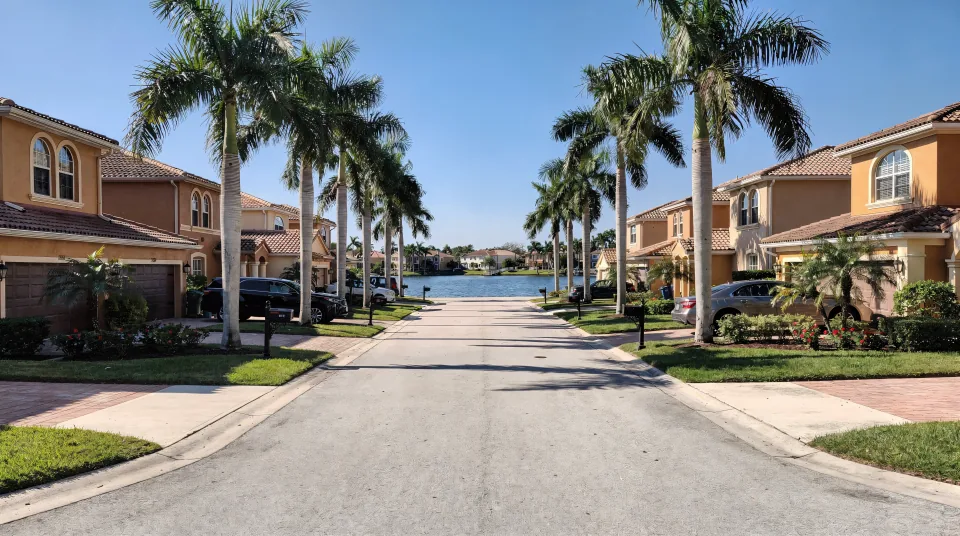 Gated Weston street with two-story Mediterranean-style homes, barrel-tile roofs and a row of royal palms beside a lake