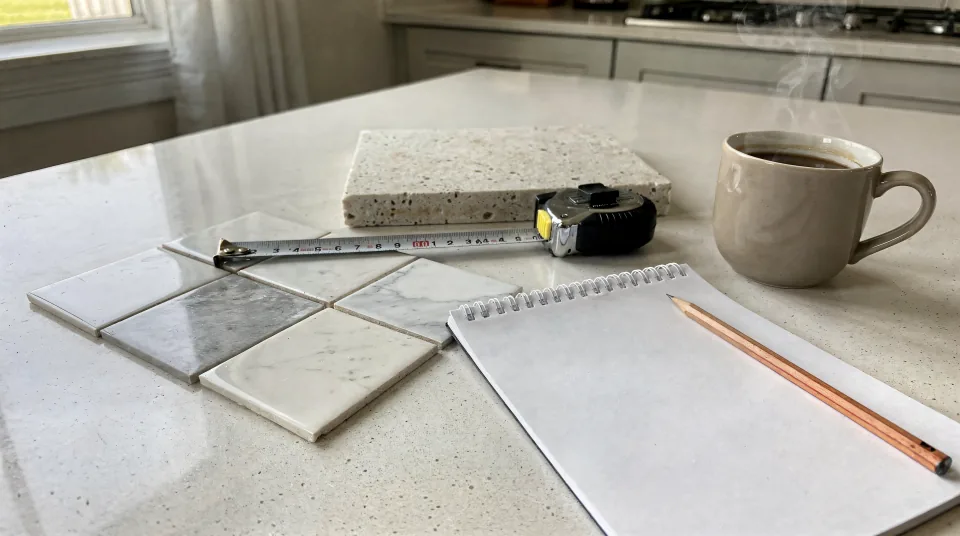 Bathroom remodel planning on a kitchen table: porcelain tile samples, a quartz sample, a tape measure, a pencil and a blank notepad
