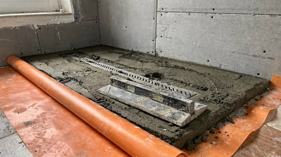 Shower pan under construction with a pre-sloped mortar bed, a linear drain at the back wall, cement board and orange waterproofing membrane