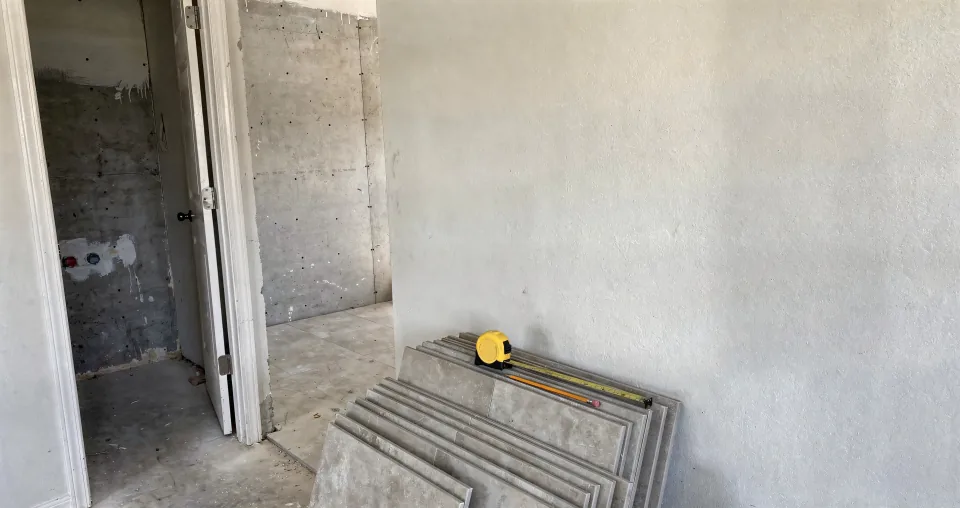 Unboxed stacks of large-format porcelain tile with a tape measure and pencil in a hallway outside a bathroom stripped to cement board