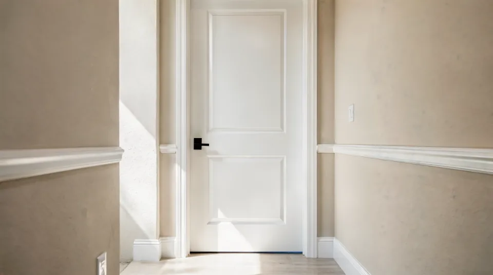 New white five-panel interior door hung plumb in a painted jamb with matte black lever hardware, viewed down a bright hallway with new baseboard