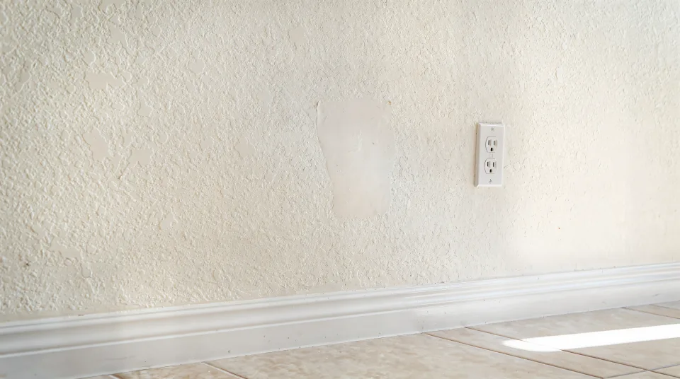 Freshly painted living room wall in a soft white with a seamless knockdown texture where a large patch used to be, baseboard and an outlet cover back in place