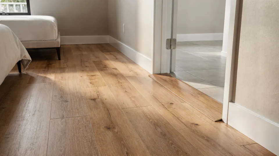 Sunlit bedroom with new warm oak-look luxury vinyl plank flooring, fresh white baseboards and a flush transition strip at the doorway to a tiled hallway