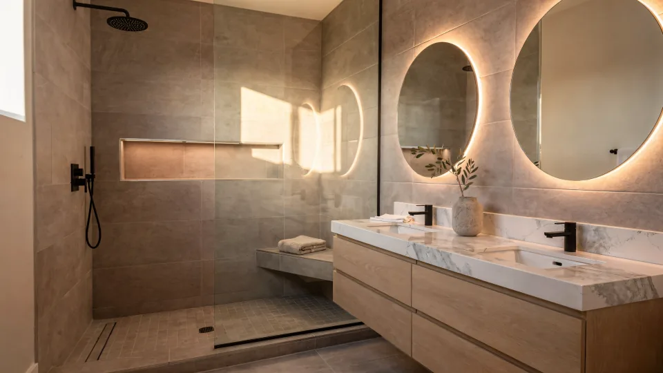 Rendering of a finished primary bathroom with a curbless walk-in shower behind a single glass panel and large-format tile (not a job photo)