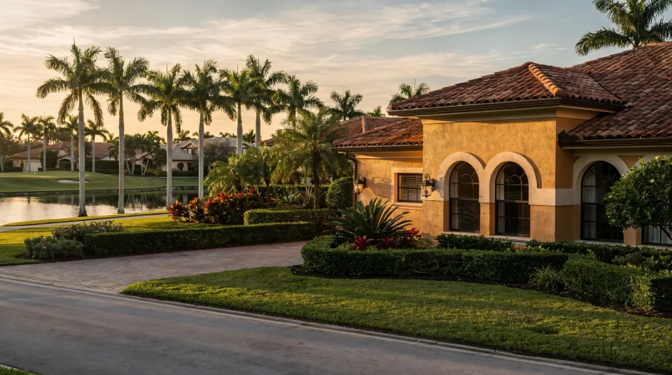Quiet residential street in Boca Raton at golden hour, a 1980s Mediterranean-style house with a barrel-tile roof and clipped hedges, a golf course lake behind the lots and a line of tall royal palms