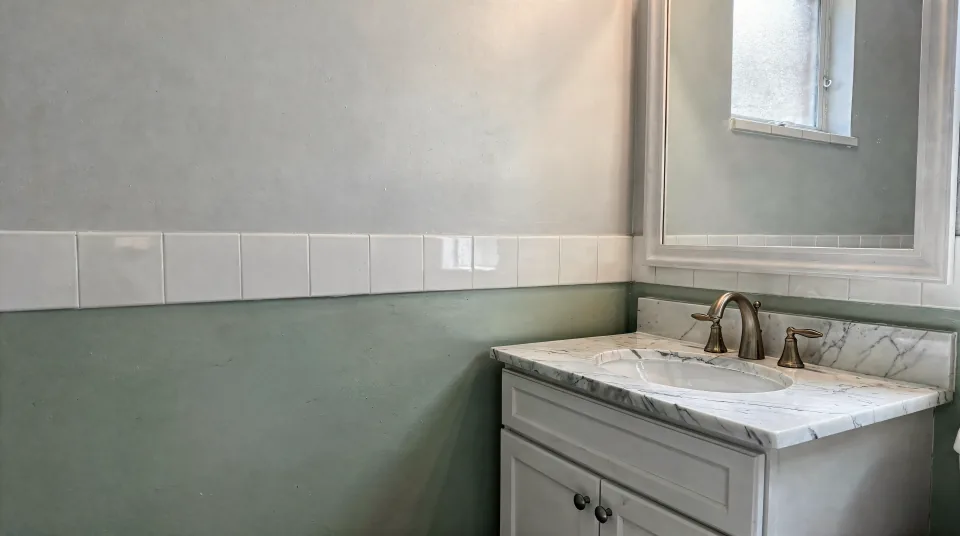 Finished guest bathroom in a Florida condo with a white vanity, sage green lower walls, white tile and a brass faucet