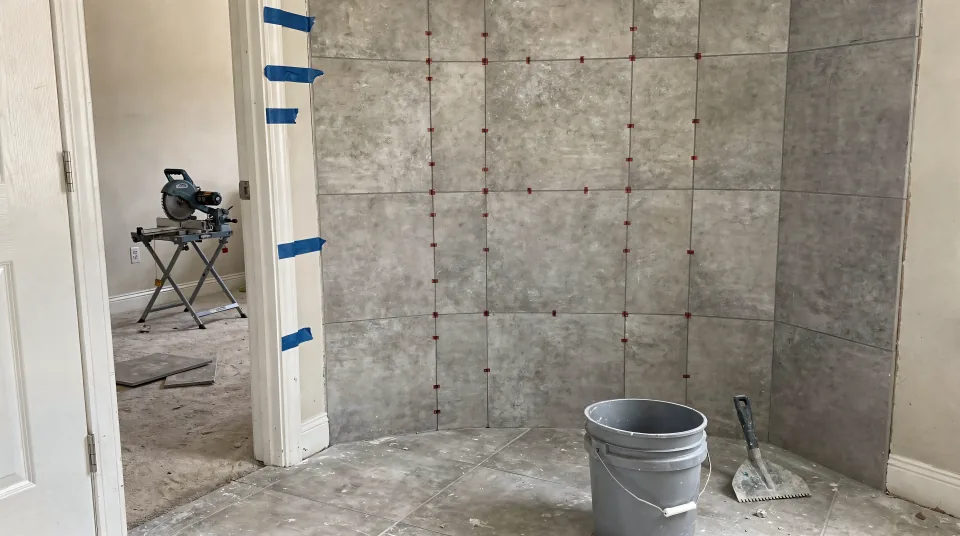 Bathroom at the tile stage with large-format grey porcelain being set on the shower walls and a tile saw in the hallway