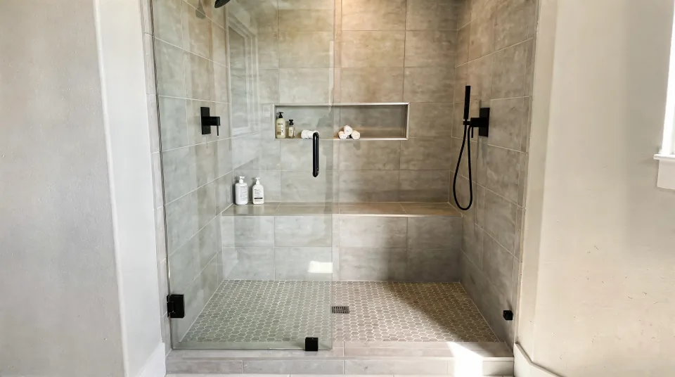 The same alcove converted to a low-threshold walk-in shower with greige tile, a niche, a bench and a glass panel