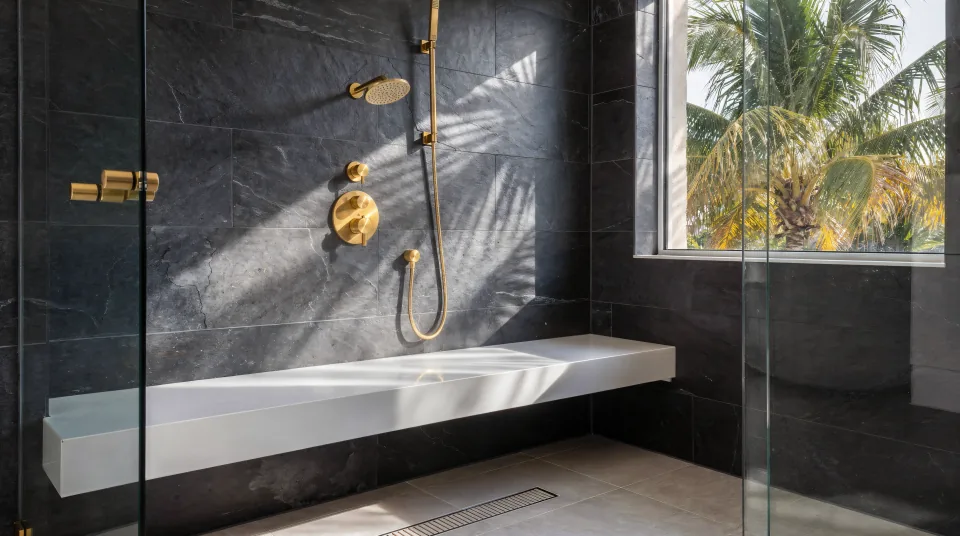 Walk-in shower in a Boca condo with charcoal slate-look porcelain walls, a white quartz bench, polished gold fixtures and dappled light through a palm outside the window