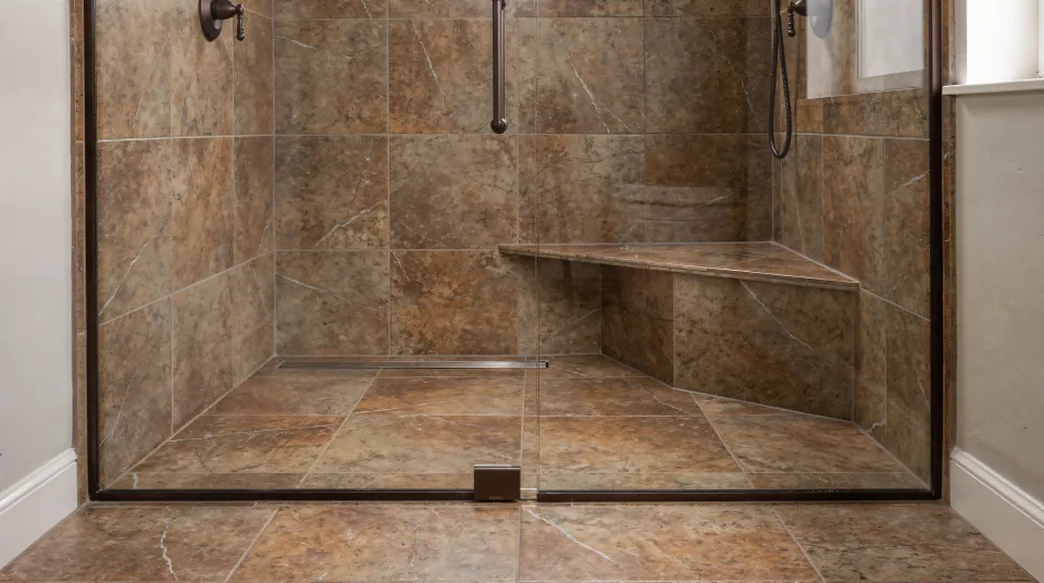 Converted walk-in shower with rust-brown stone-look porcelain walls, a linear drain, a built-in corner bench, oil-rubbed bronze trim and soft overcast light