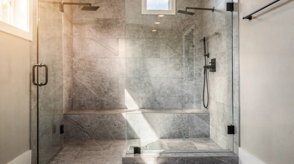 Second-floor walk-in shower with large grey marble-look porcelain, a long tiled bench, matte black fixtures and a frameless glass door catching late-day sun
