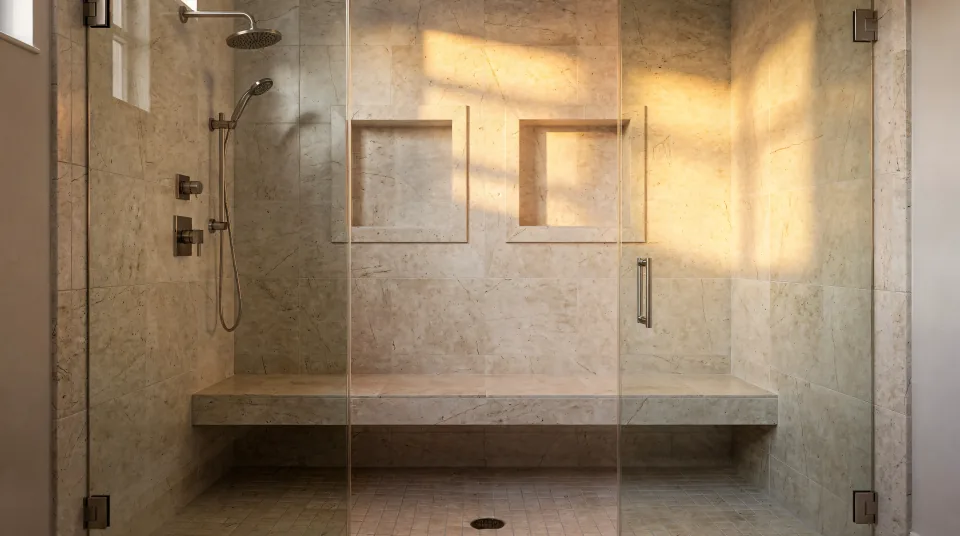 Walk-in shower where a garden tub once stood, with cream travertine-look porcelain, a double niche, a long bench, brushed nickel fixtures and warm evening light