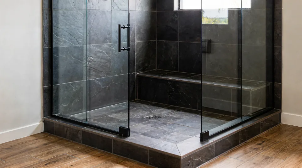 Finished low-threshold walk-in shower in matte charcoal slate-look porcelain, a wood-look plank floor running up to a two-inch tiled curb, a corner bench and black-framed glass, with morning light from a high window