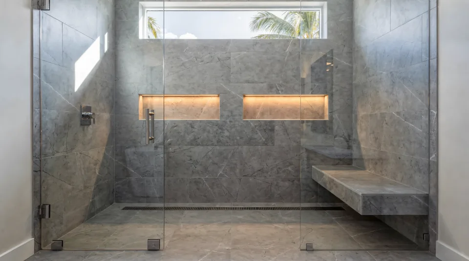 Finished curbless walk-in shower in soft grey marble-look porcelain, a slim stainless linear drain along the back wall, a floating tiled bench, two recessed niches with a lit shelf and a frameless hinged glass door, afternoon light from a high clerestory window