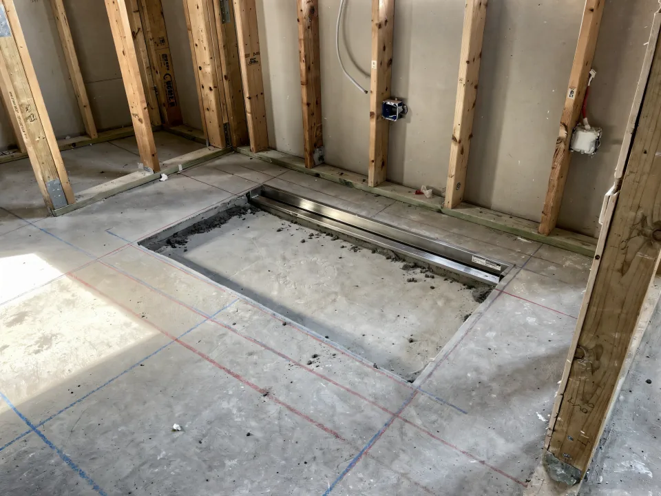 Shower floor with the slab recessed for a curbless entry and a linear drain body set in mortar
